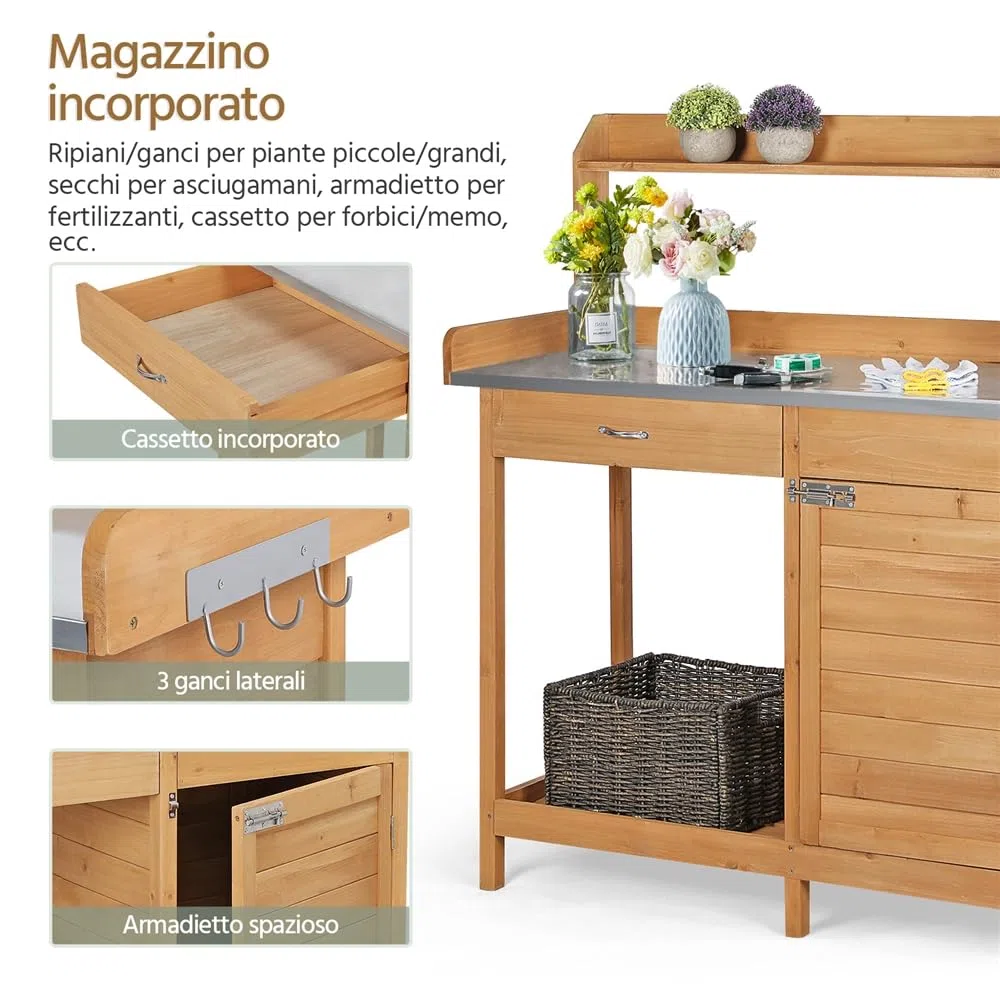 Yaheetech Tavolo Lavoro da Giardino per Piante in Legno Naturale con Ripiano in Metallo Spazioso Cassetto e Armadietto Banco per Giardinaggio 112 x 46,5 x 125 cm