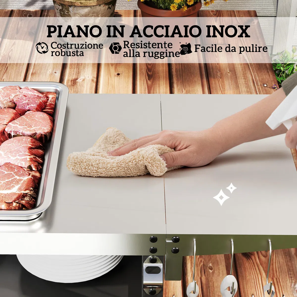 Outsunny Carrello Barbecue con Piano in Acciaio Inox e Tavolino Laterale Pieghevole, Tavolo Cucina da Esterno per Forno Pizza con Ruote, Maniglia, 6 Ganci e Apribottiglie, 116x50x93 cm, Nero