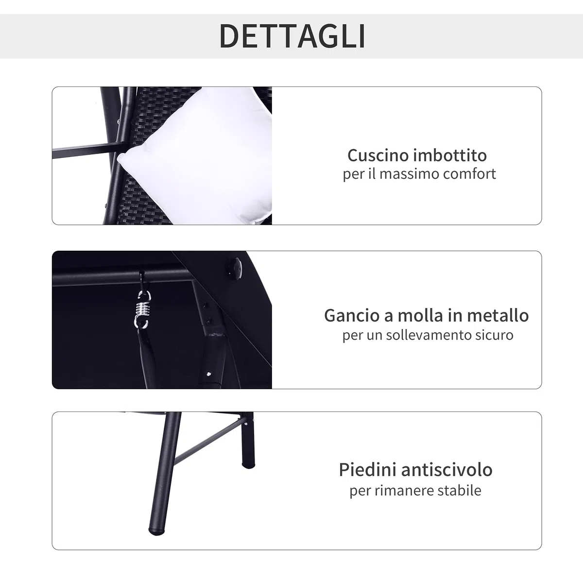 Outsunny Dondolo Polyrattan da Giardino a 3 posti, 2 Cuscini e Baldacchino Ferro Verniciato a Polvere Tetto Idrorepellente Cuscini Sfoderabili 198x124x179cm 360kg