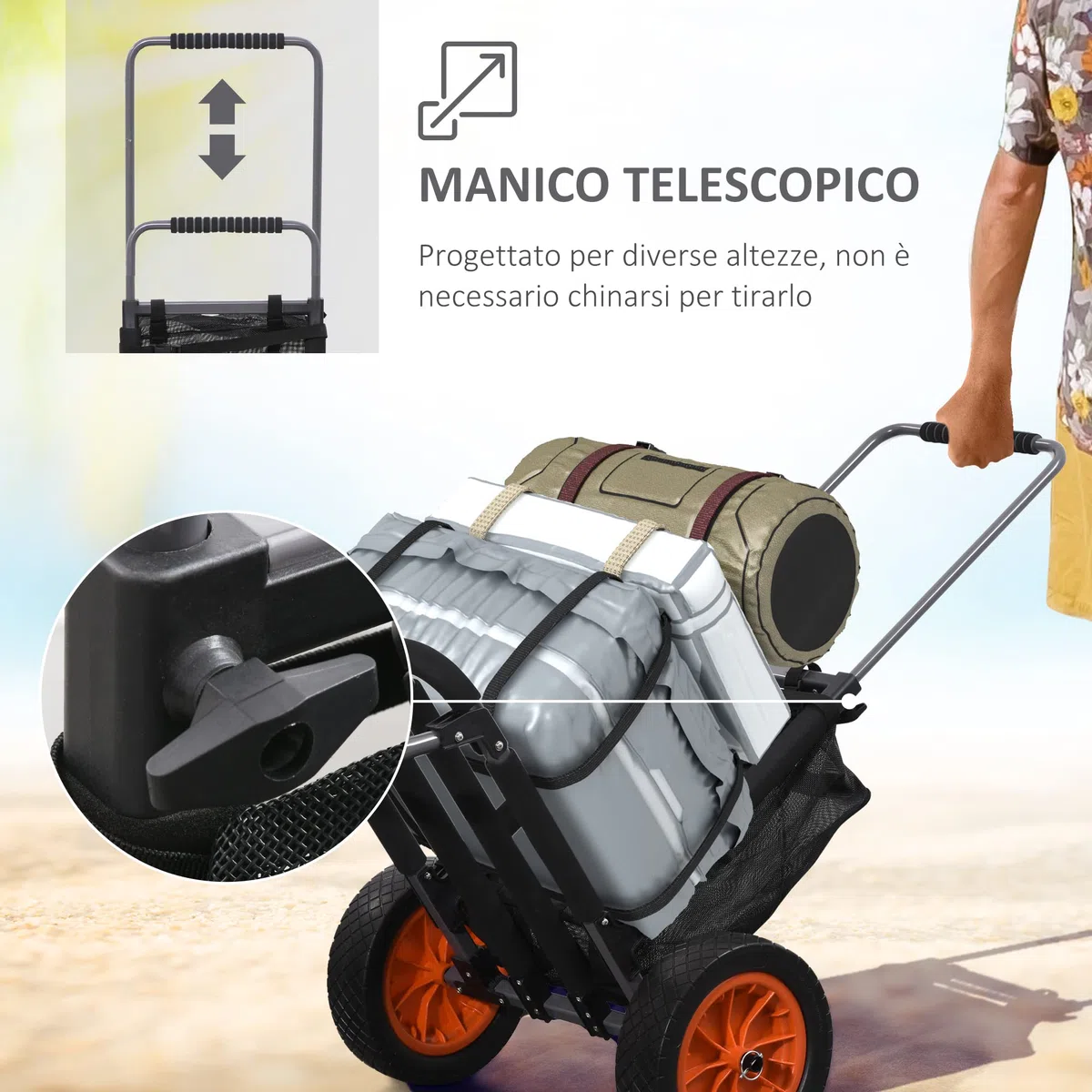 SPORTNOW Carrello da Spiaggia Pieghevole in Alluminio e PU con Tasca in Rete, Manico Telescopico e Cavalletto, 82x67x81 cm, Multicolore