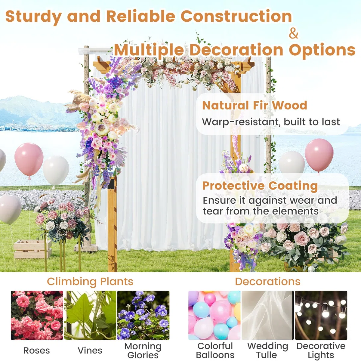 HOMASIS Arco da Giardino in Legno, Arco per Rampicanti con Tettoia e Traliccio, Pergolato da Esterno per Rose, Glicine, Palloncini, Decorazione da Giardino per Festa e Matrimonio (Tetto Piatto)