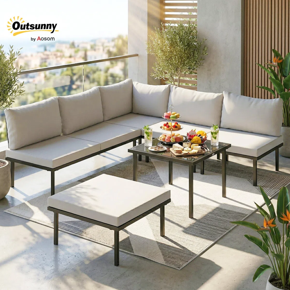 Outsunny Set Salotto da Giardino 6 Pezzi, Set di Mobili da Giardino Angolare con Divano 2 Posti, 3 Sedie, Poggiapiedi, Tavolino in Vetro, Cuscini, Salottino da Esterno ad L in Metallo, Grigio Chiaro