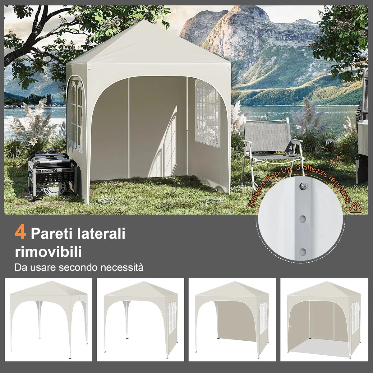 WOLTU Gazebo Pieghevole 2x2m con 4 Pareti Rimovibili - Protezione Solare UPF 50+, Struttura Metallica Anti-Vento, 3 Regolazioni Altezza, Tendone da Giardino/Campeggio/Spiaggia - Beige