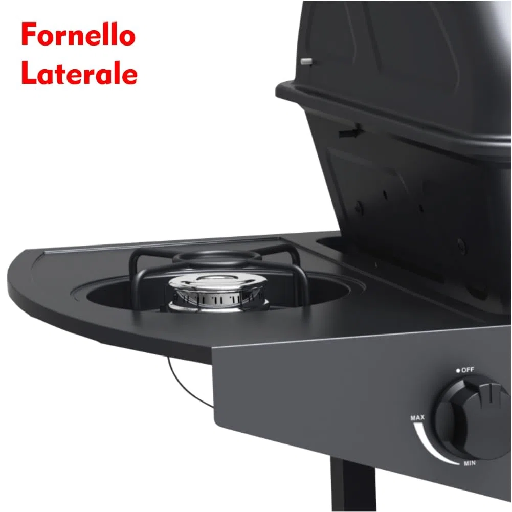 Barbecue a Gas con Pietra Lavica BBQ a Gas 2 Bruciatori + Fornello Laterale Struttura in Acciaio con Piano Laterale D’appoggio e 3 Appendini Pratiko Life