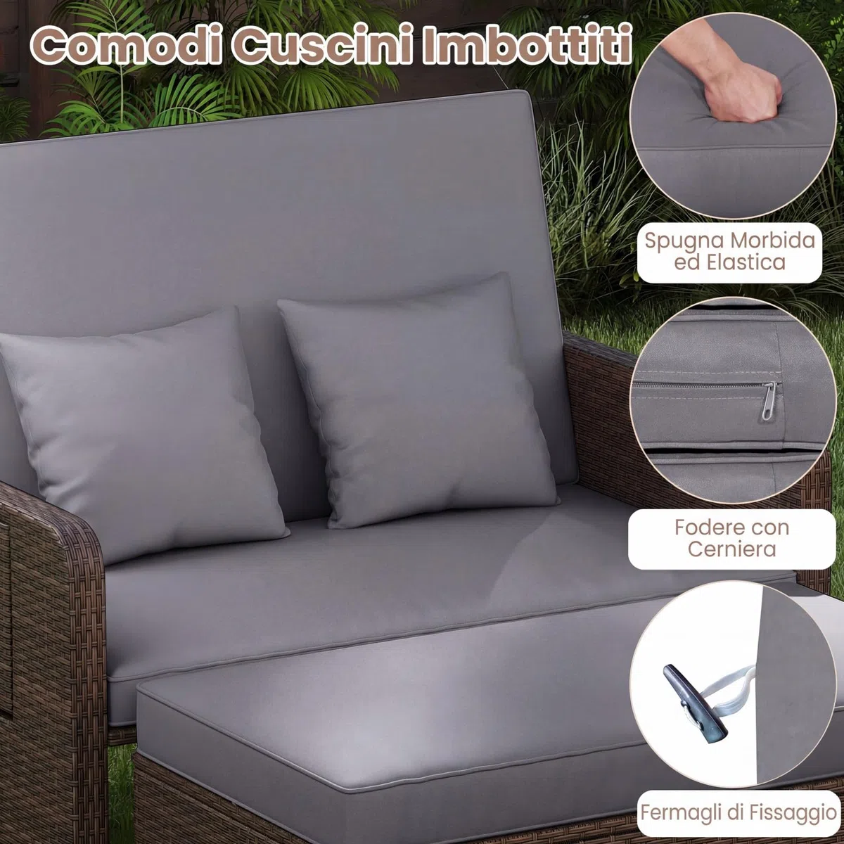 COSTWAY Lettino Prendisole da Giardino per 2 Persone, Divano con Panca Contenitore e Cuscino con Schienale Regolabile a 4 Livelli e Vassoi Laterali Estraibili per Balcone (Marrone screziato-Grigio)
