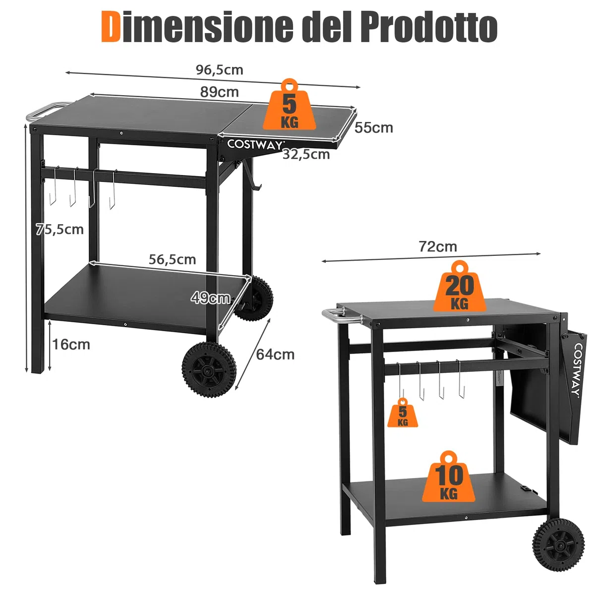 COSTWAY Carrello per Barbecue, Carrello di Servizio con Ruote e 4 Ganci, Pannello Laterale Pieghevole, Carrello Cucina Multiuso per Forno da Pizza, per Casa Cortile Patio e Giardino