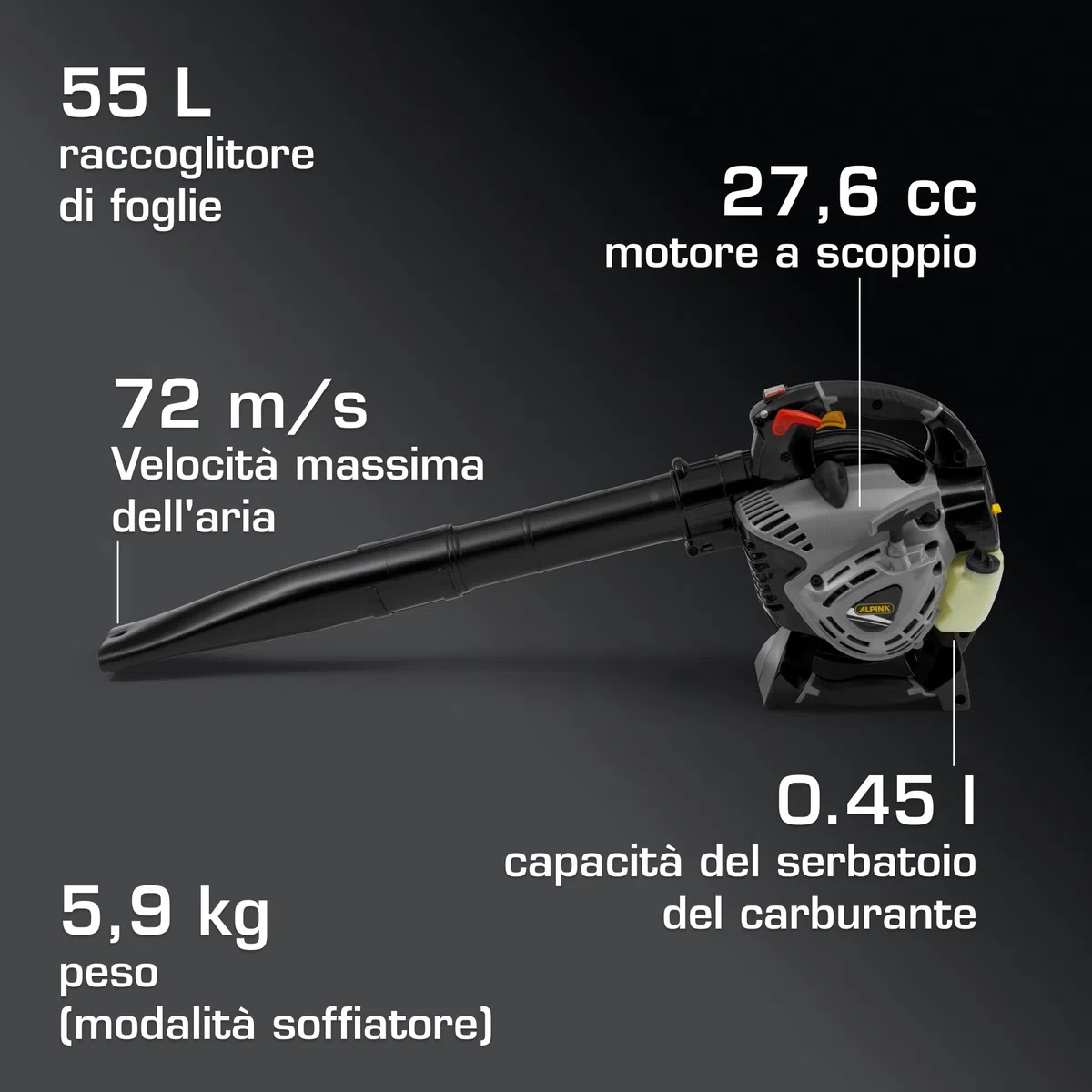 Alpina ABL 27 V Soffiatore-Aspiratore A Scoppio, 27,6 cc (800 W) – Leggero E Maneggevole, Sacco 55 l – Per Giardinaggio