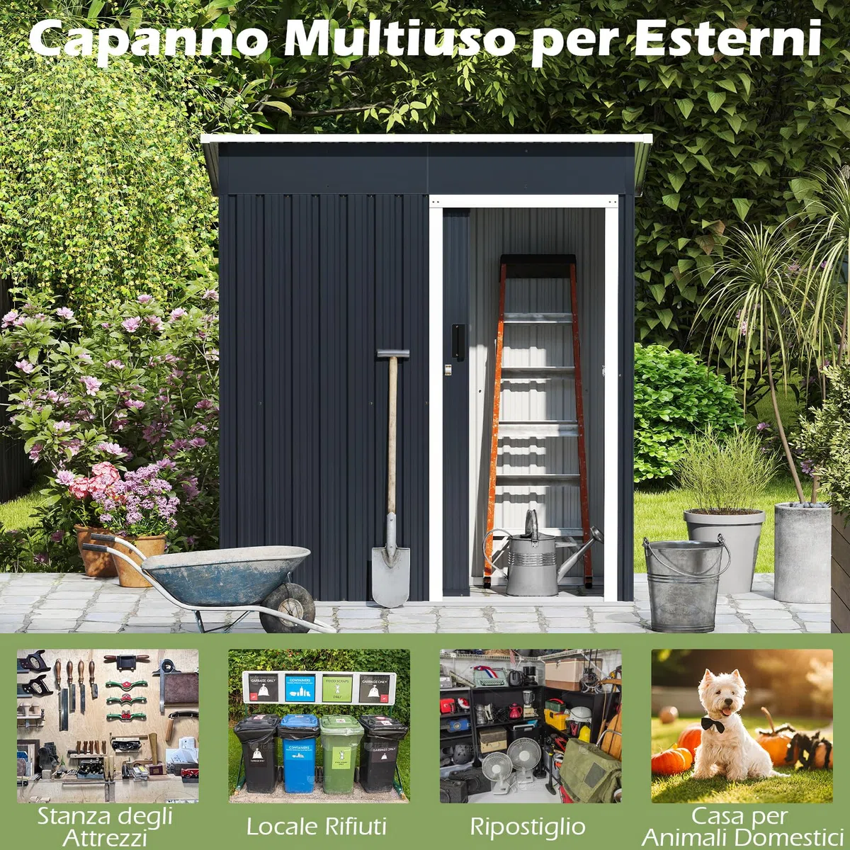 COSTWAY Capanno per Attrezzi da Giardino in Metallo, Casetta Porta Attrezzi in Acciaio con Porta Scorrevole Sistema di Blocco, Casetta per Stoccaggio per Prato e Cortile, 163 x 86 x 181 cm, Grigio