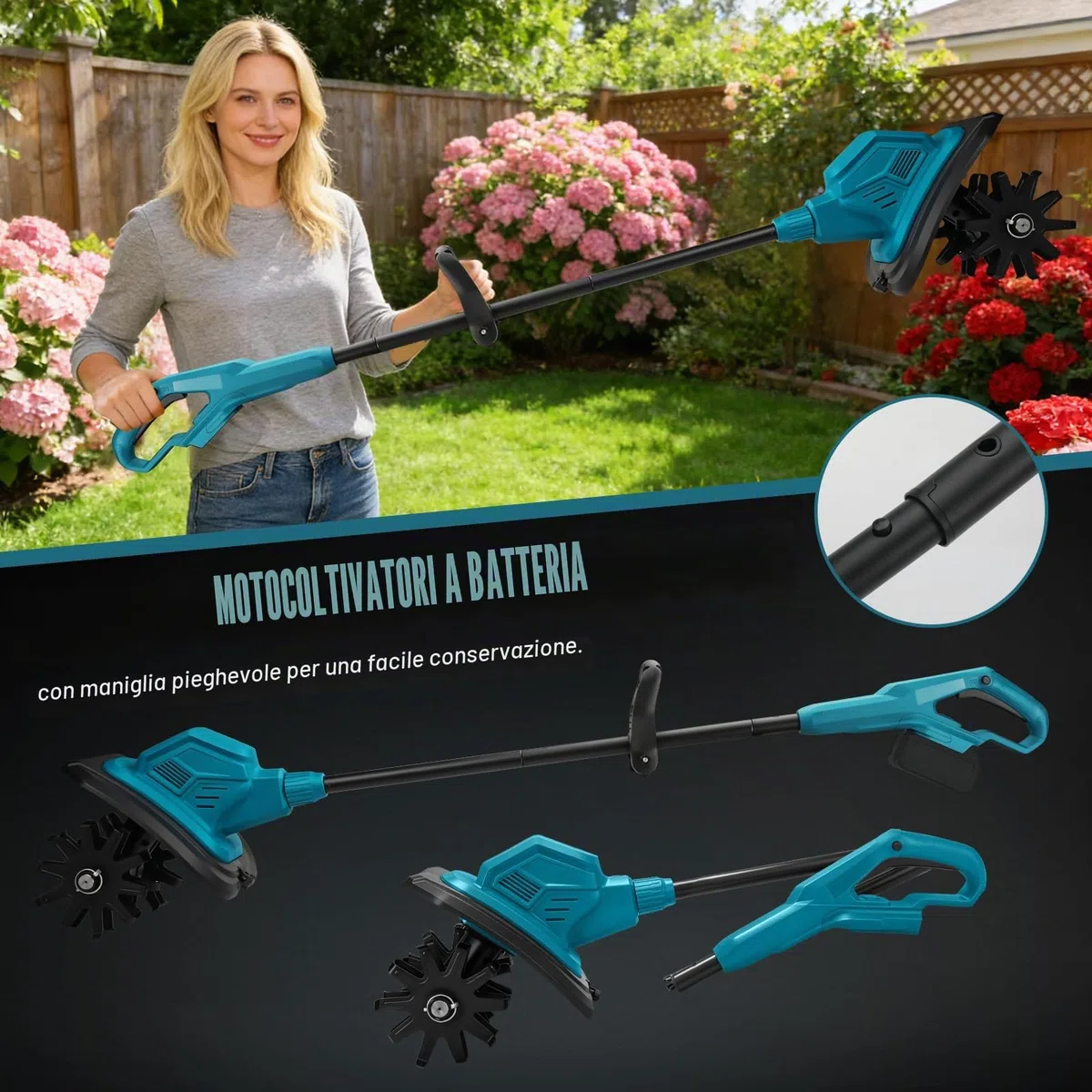 Motozappa senza fili per Makita 18V Batteria, Motozappa a Batteria con Motore Brushless, Altezza Regolabile, larghezza di lavoro 20 cm, profondità di lavoro 18 cm, per Giardini e Cortili