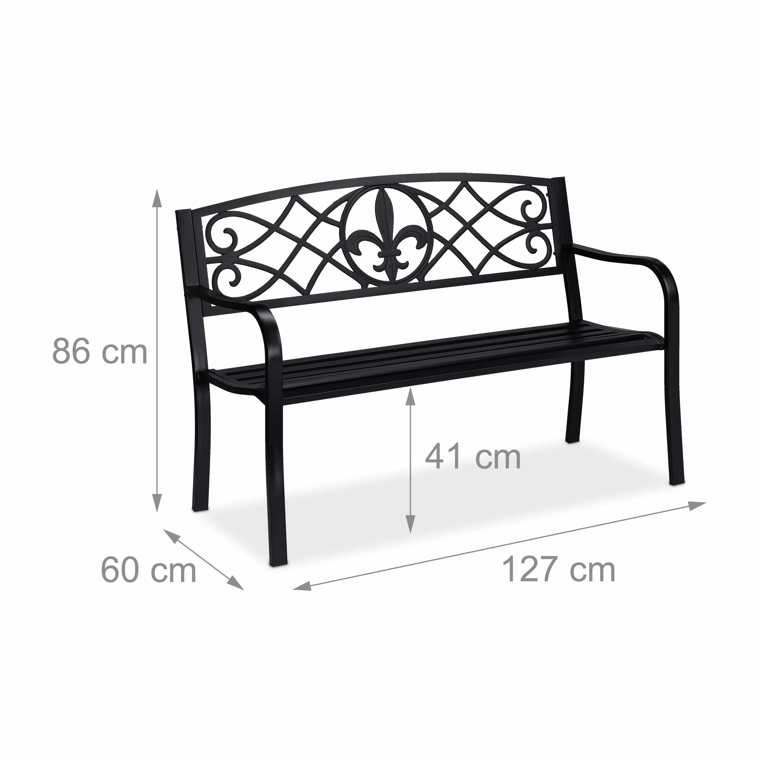 Relaxdays Panca da Giardino, con Giglio Decorativo, a 2 Posti, Acciaio, Arredamento Outdoor, 86 x 127 x 60 cm, Nero