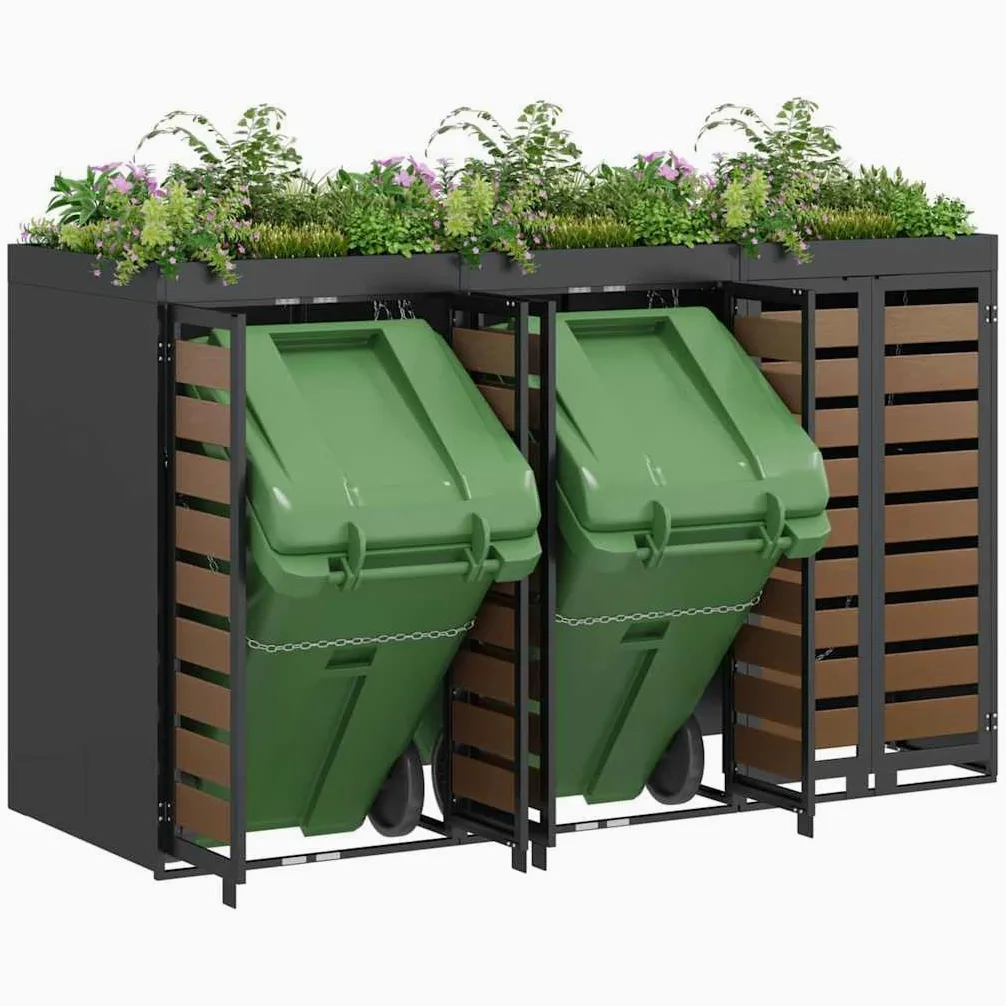 Copribidoni per 3 Bidoni di Spazzatura Contenitori Pattumiera Cassonetti Rifiuti 240 L Box in Acciaio Antracite/Aspetto Larice Coperchio Bidone Resistente 3 Porte