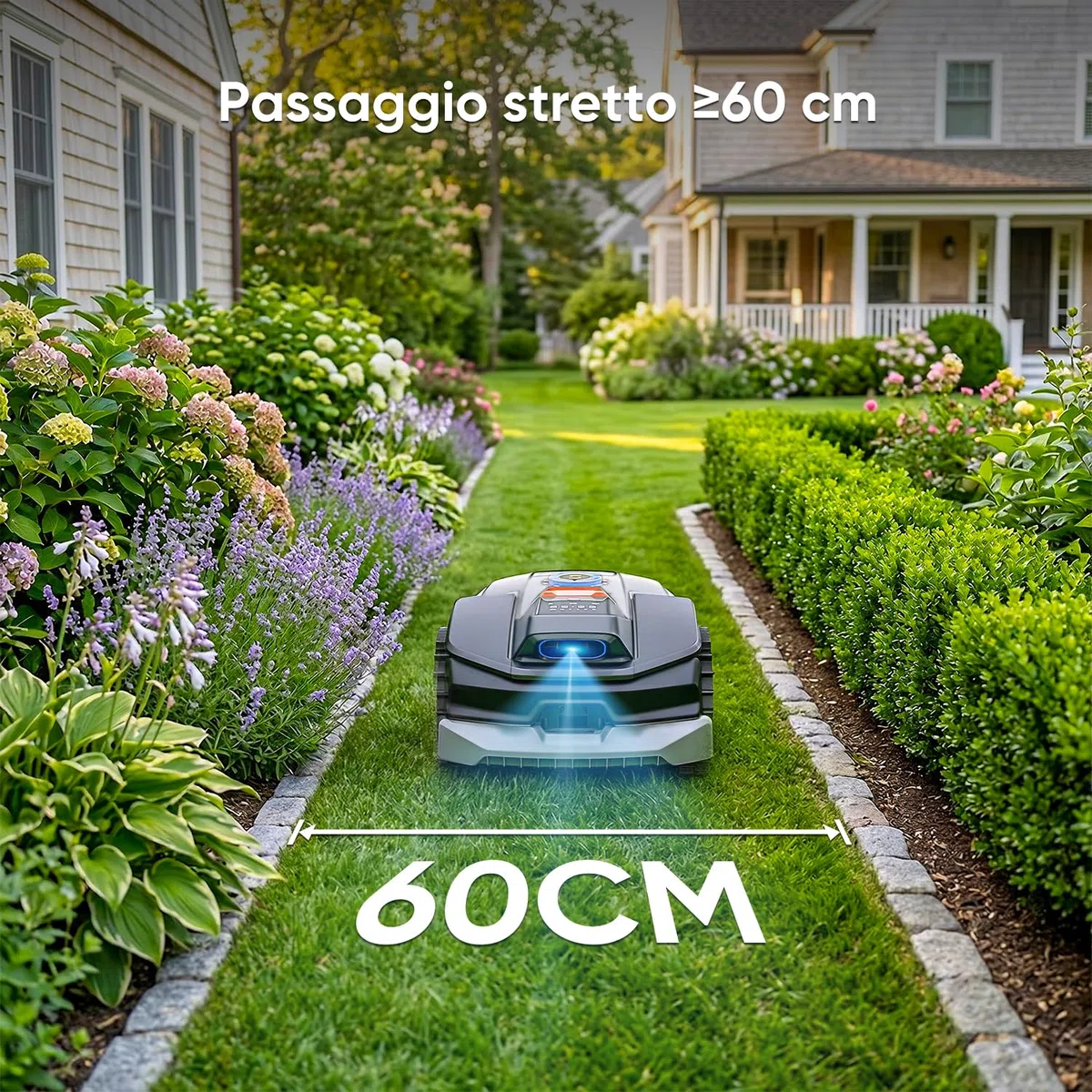 Sunseeker V1 con Garage, Robot Tagliaerba Senza Filo Perimetrale, 300 m² per Piccoli Giardini, Vision AI, Evitamento degli Ostacoli, Pendenze 27%, Taglio con un Clic, Controllo tramite App