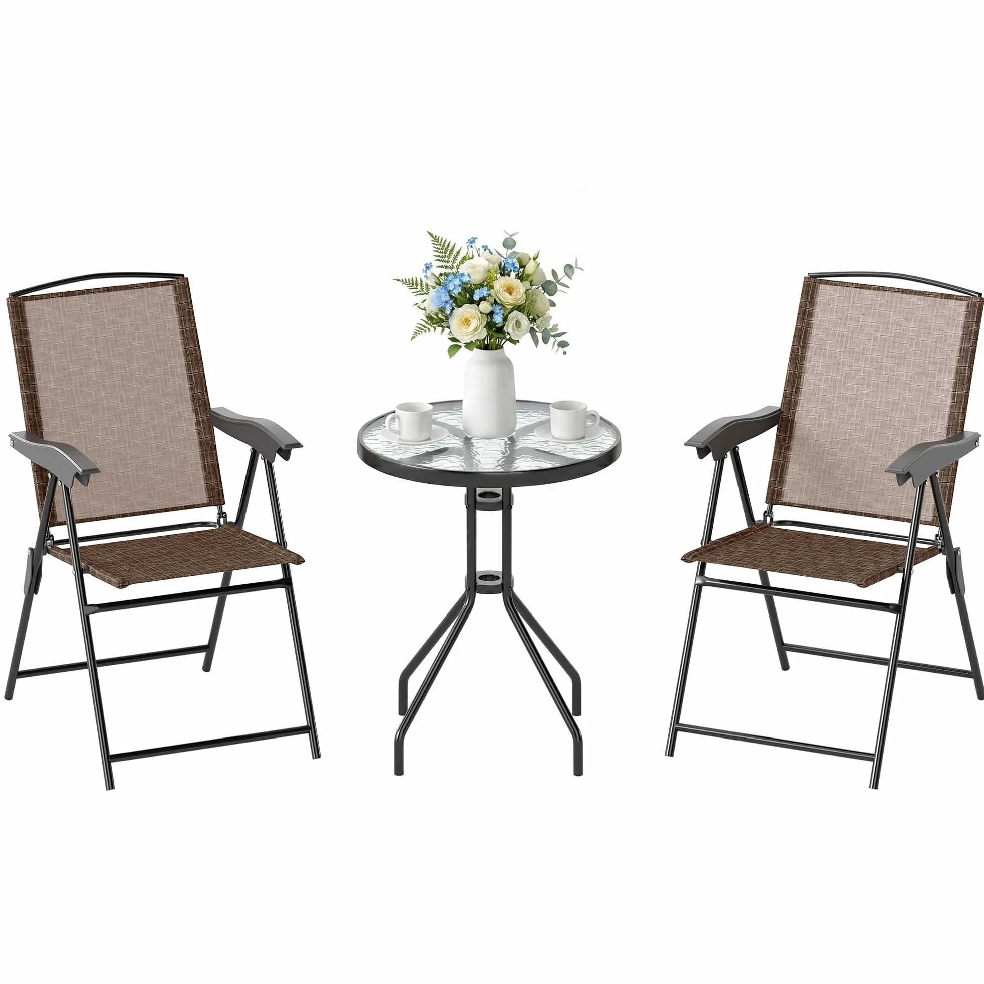 Outsunny Tavolino con 2 Sedie Set Mobili 3pz Pieghevole Regolabile Esterno Textilene Marrone