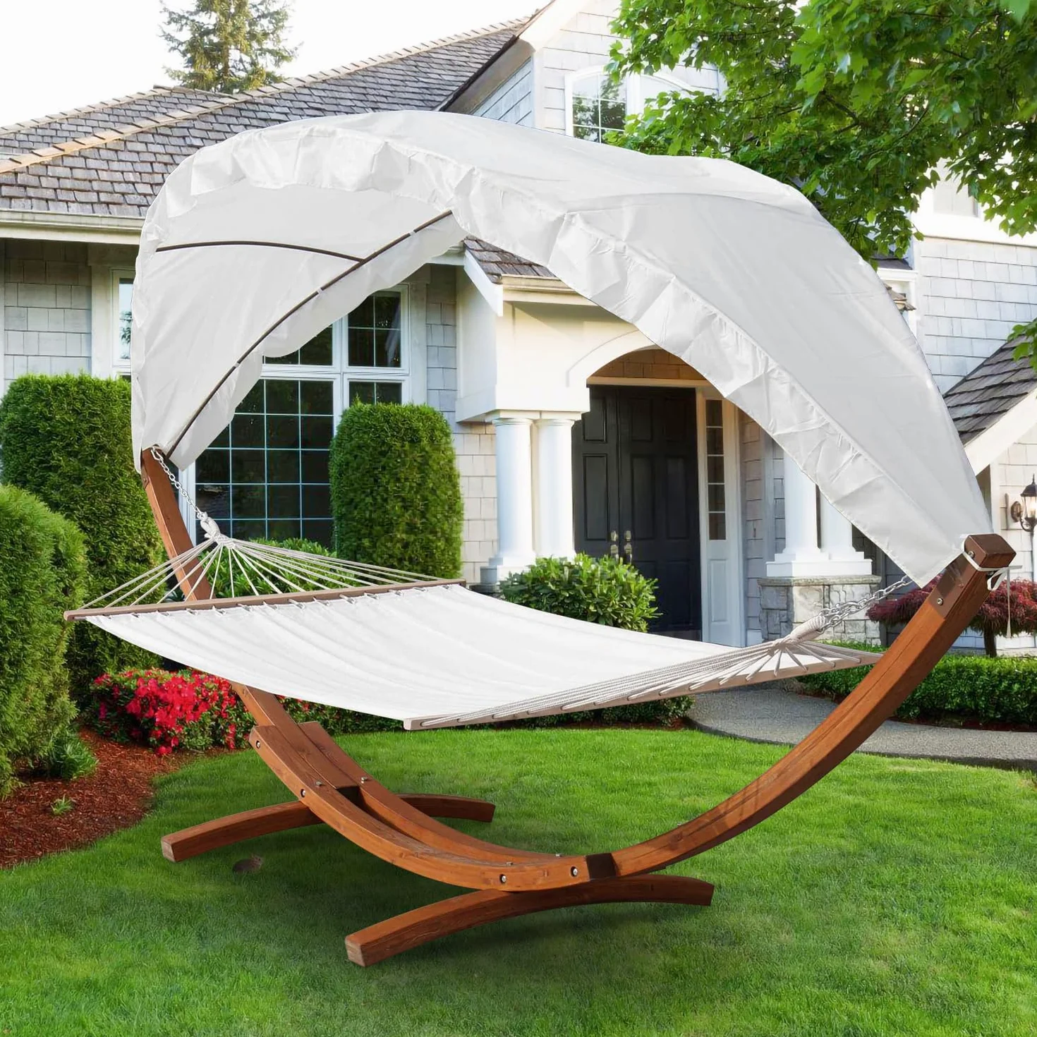 Amaca da giardino con supporto in legno, amaca matrimoniale 2 posti con parasole, fino a 200 kg, resistente alle intemperie, per balcone, terrazza e giardino