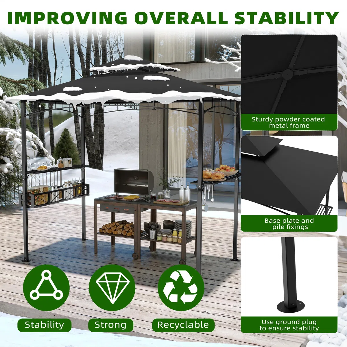 UISEBRT Gazebo per barbecue resistente all'inverno con telaio in metallo e tetto in poliestere, 245 x 153 x 250 cm, protezione da pioggia e sole, include cestino portaoggetti, gazebo per