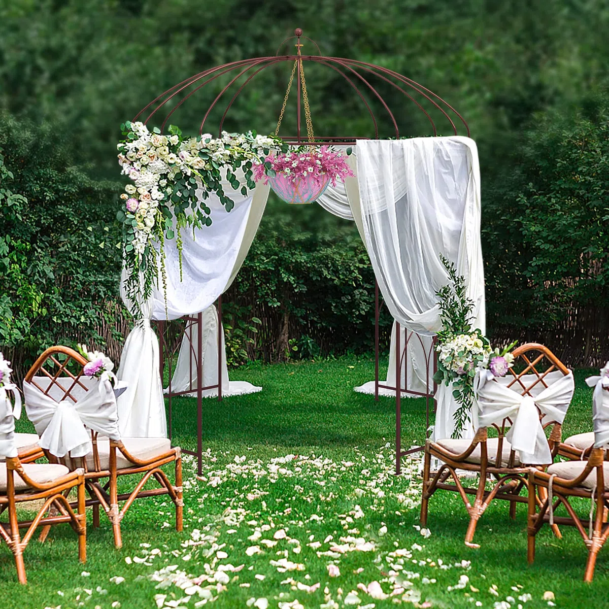HOMASIS Pavillon per rose in metallo, arco per giardino con ganci e tetto, pergolato per piante rampicanti, pergola da giardino per matrimoni (211x211x256cm, bronzo)