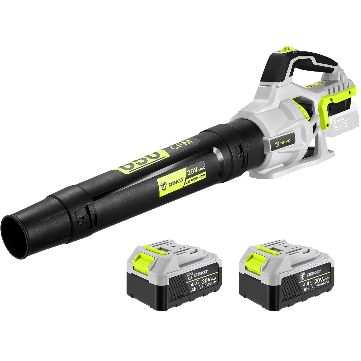 DEKOPRO Soffiatore a Batteria 20V: Soffiatore Elettrico Leggero con 2 Batterie da 4.0Ah e Caricabatterie, 650 CFM, 2 Velocità, 257km/h, per Marciapiedi, Viali, Giardino, Soffiare Foglie e Neve
