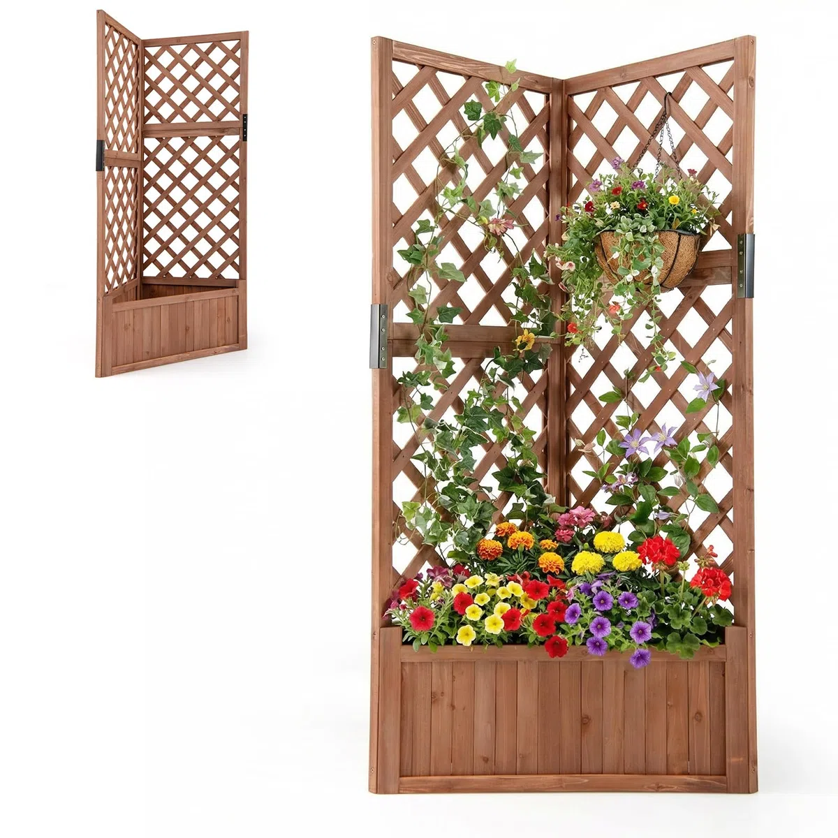 HOMASIS Fioriera con Grigliato per Rampicanti, Letto Rialzato in Legno con Vaso Angolare e Foro di Drenaggio, Fioriera da Esterno per Piante Rampicanti da Balcone, Giardino e Terrazza (Marrone)