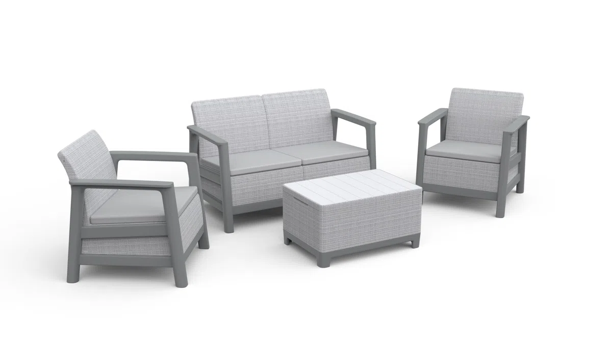 Keter Salottino da Giardino Scandi Linea, Finitura Effetto Iuta, Due Poltrone, Divano, Tavolino Contenitore, Cuscini Inclusi, Grigio
