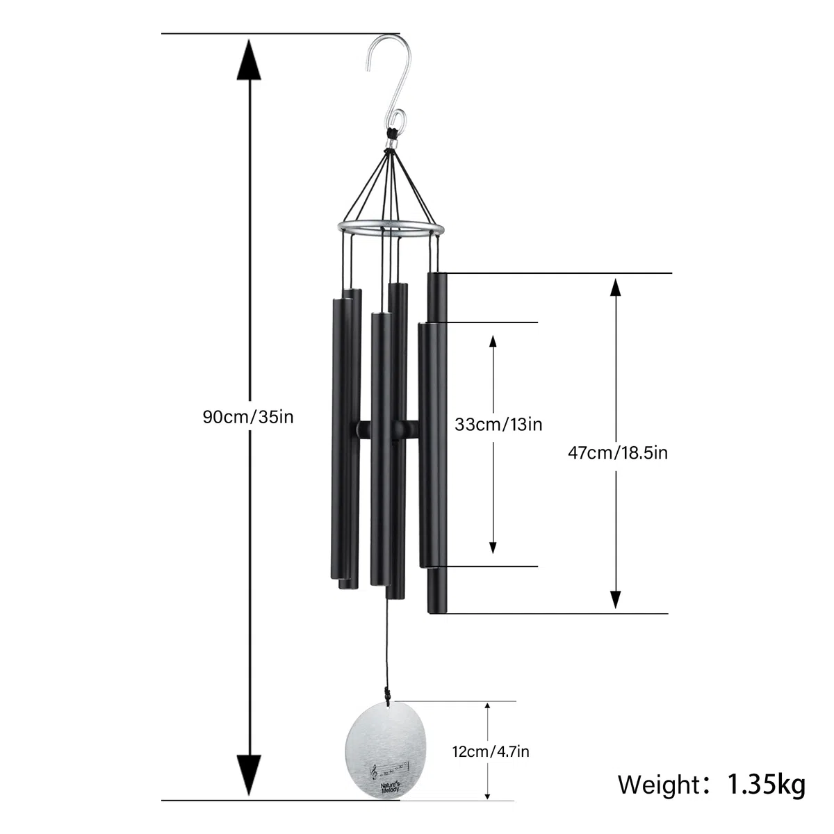 OSVINO Campane a Vento Decorazione Grande Metallo per Giardino Fenster 90cm Lunghezza, Nero