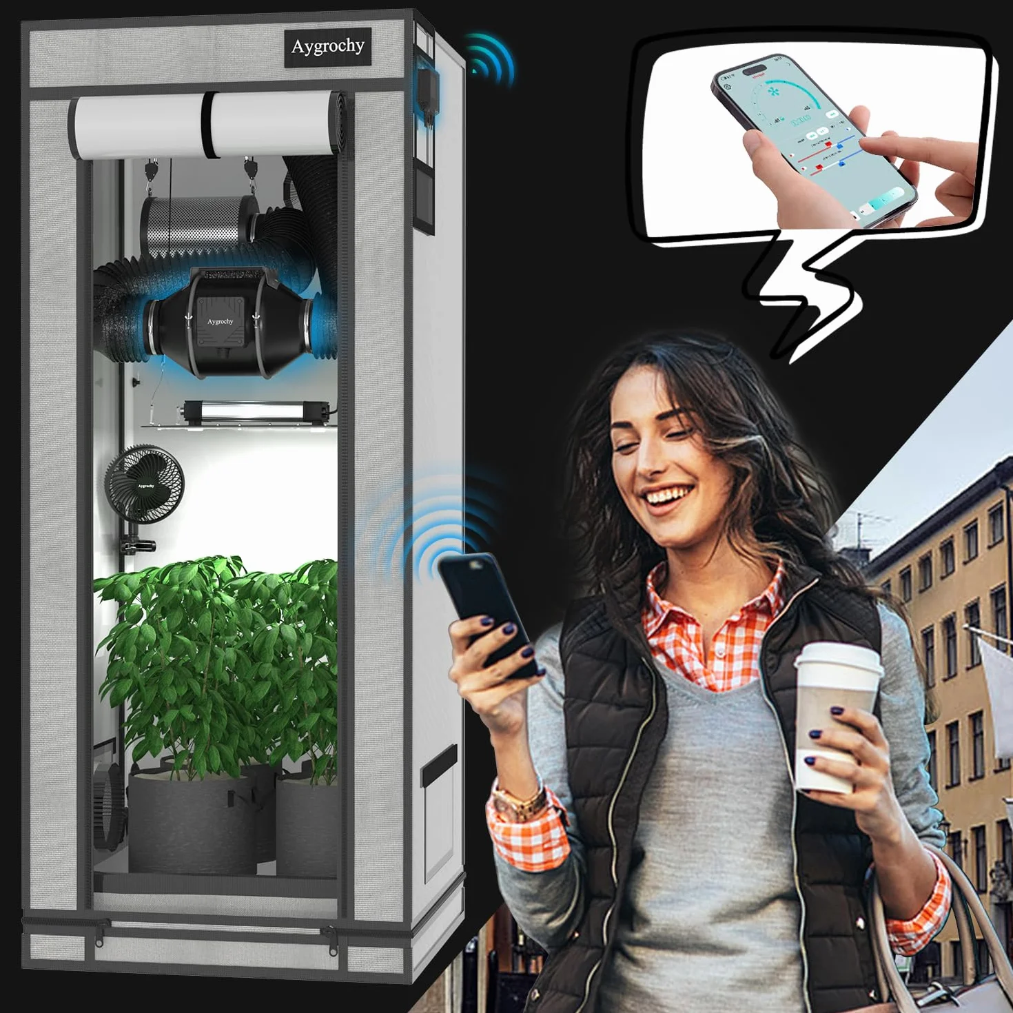 Aygrochy App Wifi Ventola di Aspirazione 100mm, estrattore d'aria con regolatore di temperatura e umidità, motore EC, 2800 giri/min, aspiratore aria e fumo per cucina, garage, bagno,tende di crescita.