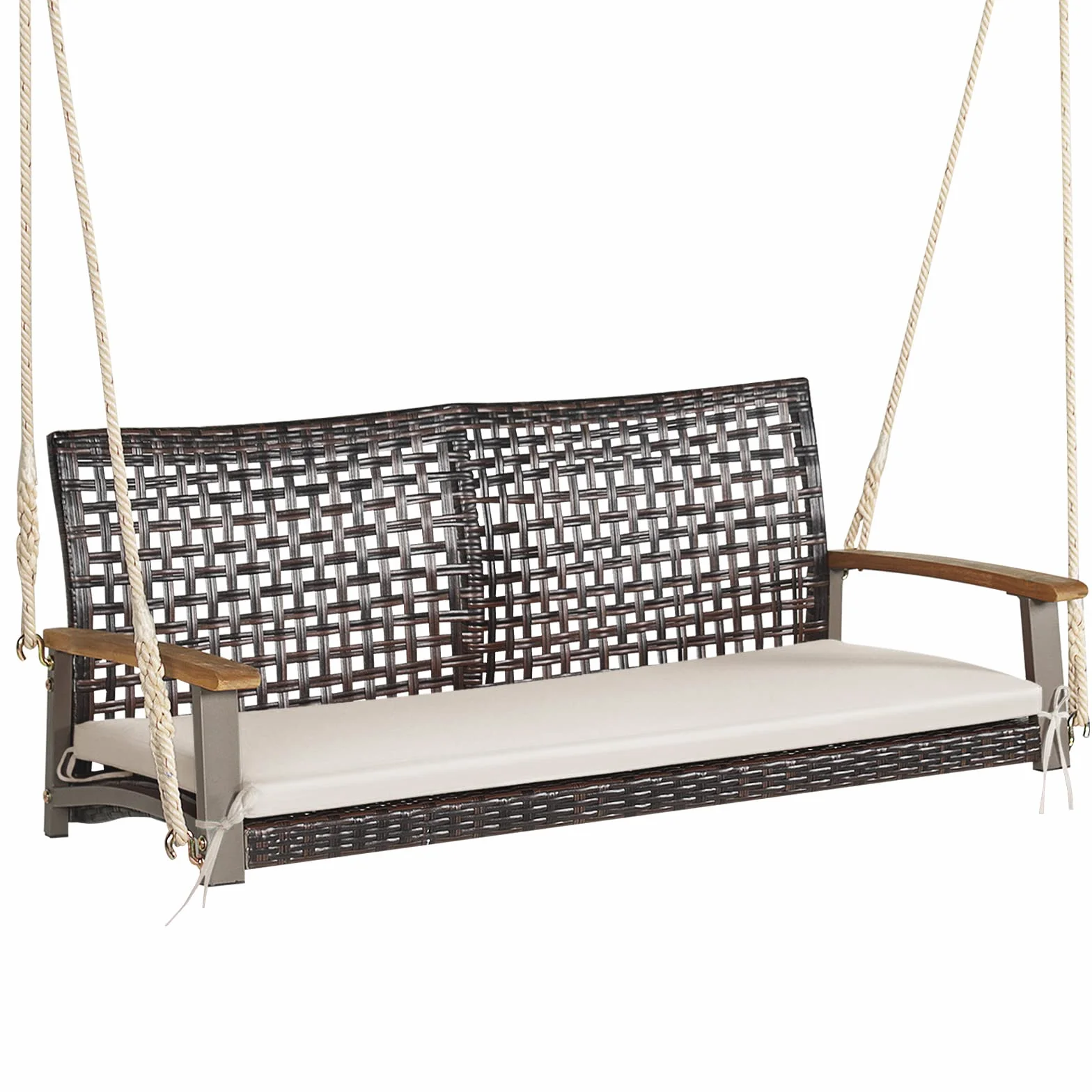 LIFEZEAL Dondolo sospeso a 2 posti, in rattan sintetico, con cuscino, doppia altalena in rattan PE con corde da terrazza, dondolo con schienale e braccioli in legno (beige)