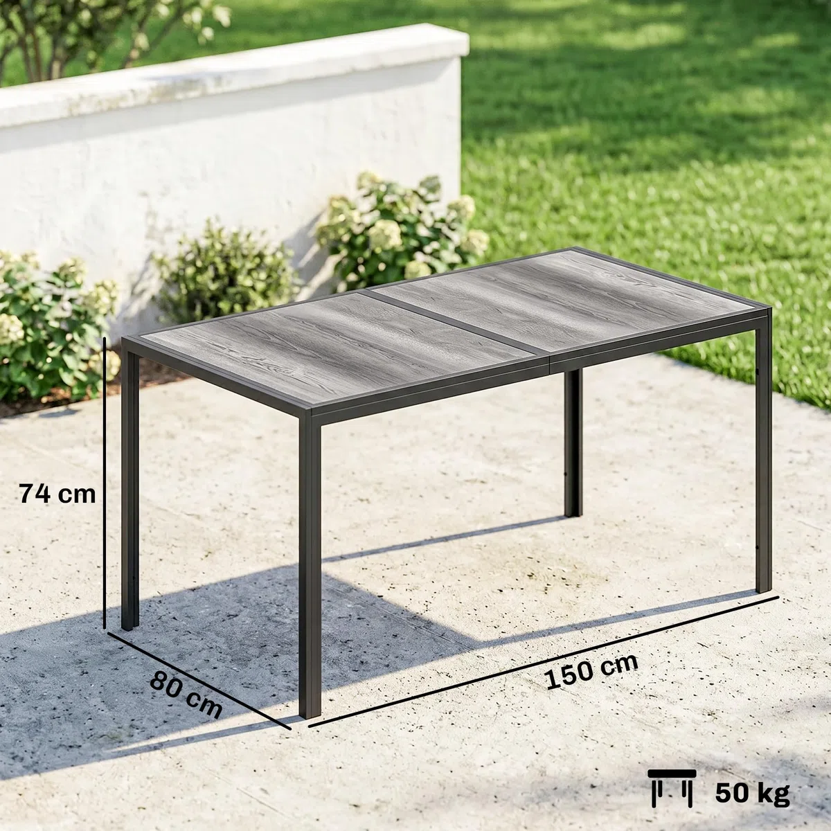 Outsunny Tavolo da Giardino con Piano Effetto Legno in Plastica 150x80 cm per 6 Persone, Tavola da Pranzo da Esterno Rettangolare, Gambe in Acciaio, per Patio, Terrazzo, Balcone, Grigio