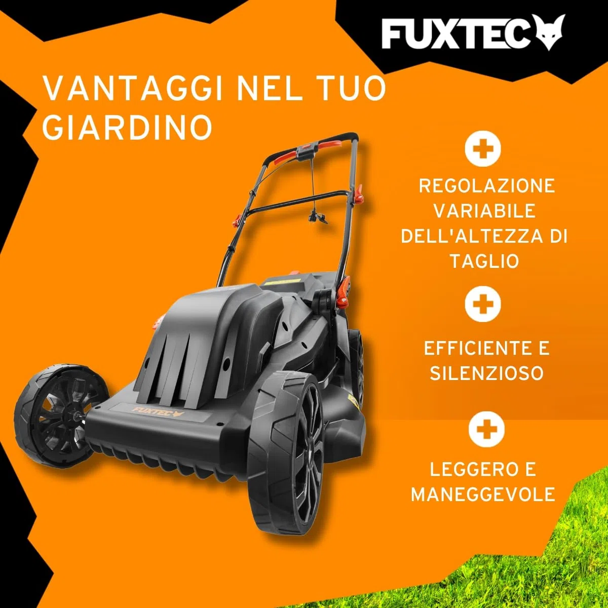 Tagliaerba Elettrico FUXTEC FX-RME43-44 cm Larghezza di Taglio, Cesto da 45 L, Altezza Regolabile 25-75 mm, Tosaerba Silenzioso ed Efficiente