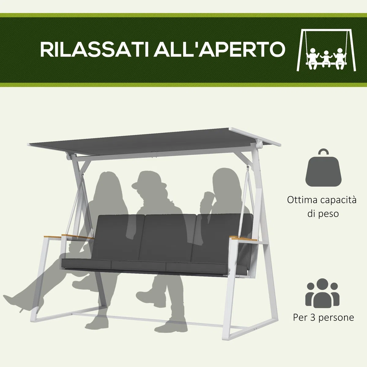 Outsunny Dondolo 3 Posti con Tettuccio Inclinabile e Cuscini, Dondolo da Giardino in Acciaio con Seduta Traspirante, 205x130x175 cm, Grigio Scuro