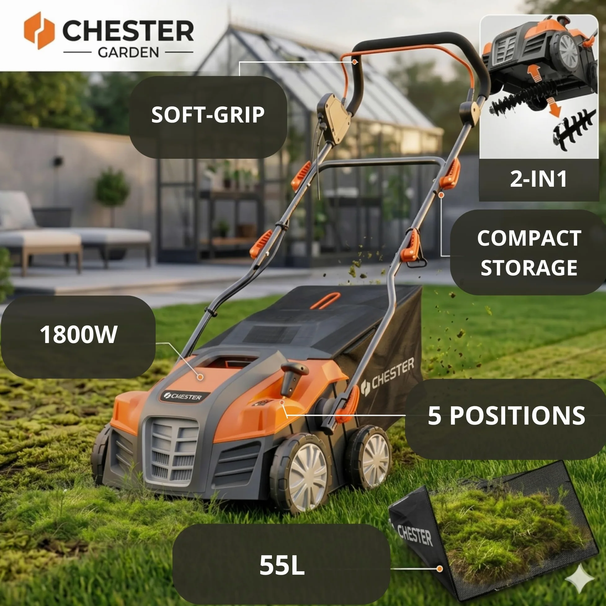 Scarificatore e arieggiatore elettrico 2 in 1 per prato - 1800W - 40cm - CHESTER