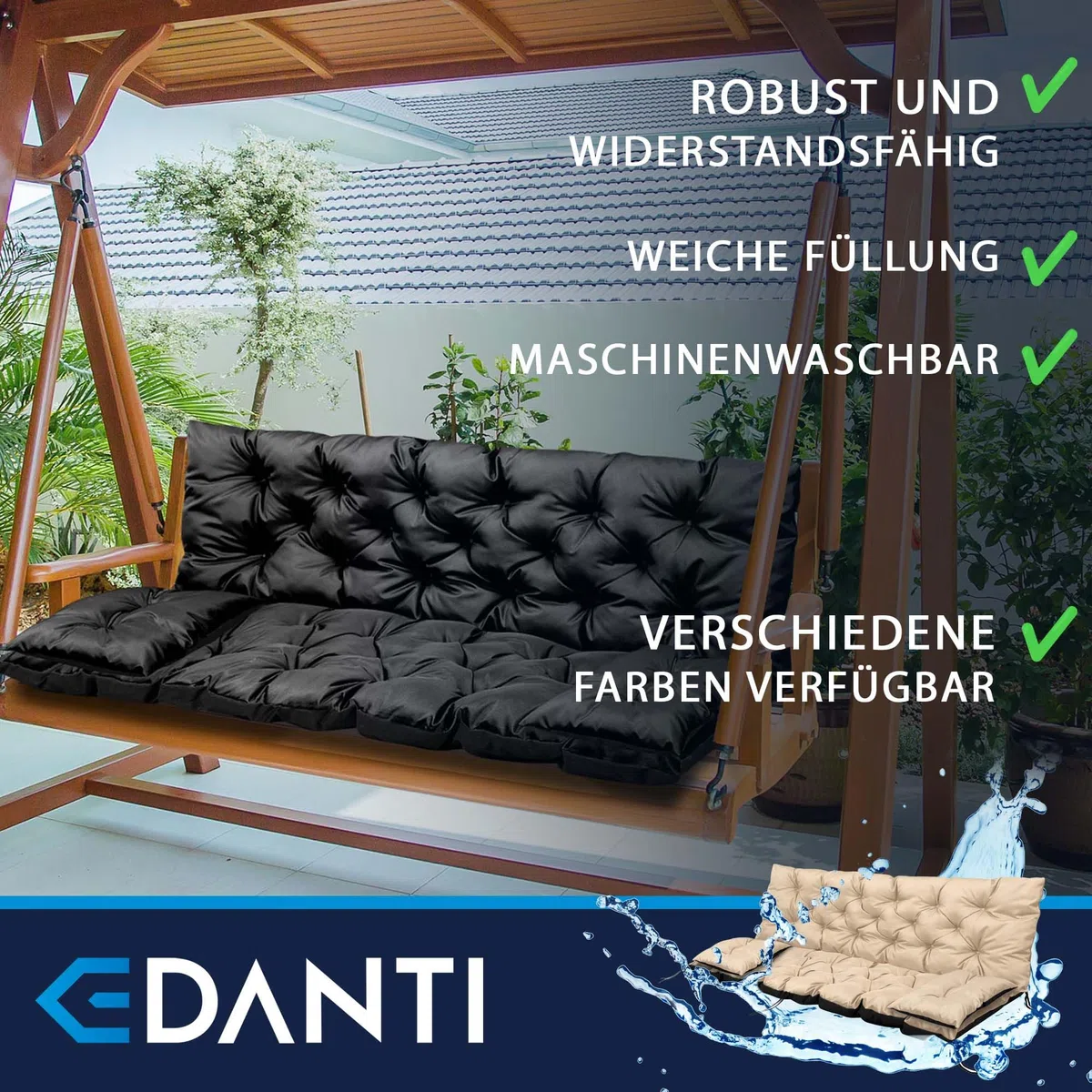 Set di cuscini EDANTI per panca altalena da giardino, cuscini per mobili da giardino, cuscino per panca impermeabile + 2X cuscini più piccoli (Beige, 150x60x50 cm)