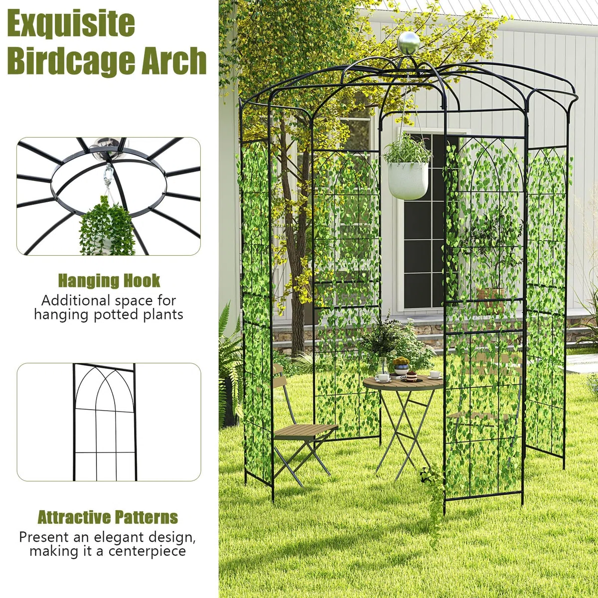 HOMASIS Pergolato da Giardino a Forma di Gabbia per Uccelli, Arco da Giardino in Metallo, Traliccio con Tettoia e 4 Lati per Piante Rampicanti, Pergola da Giardino per Matrimoni, Nero (198 x 284 cm)