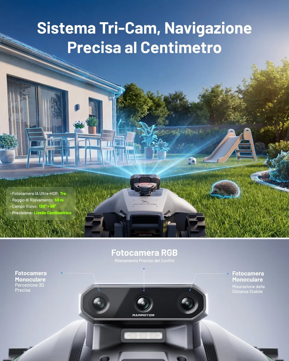 MAMMOTION YUKA mini 2 500 Robot Tagliaerba senza Cavo, Nessuna Perdita di Segnale, Senza RTK, Visione AI Tri-Cam, DropMow, Mappatura Auto Multi-zona