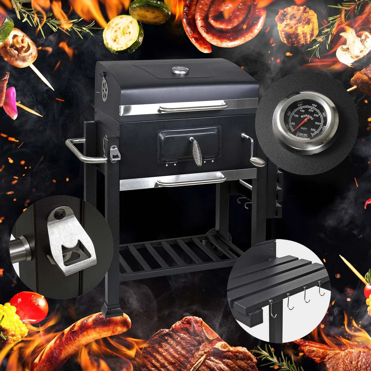 Wiltec Barbecue a carbone carrellato con coperchio termometro altezza carbone regolabile BBQ a carrello