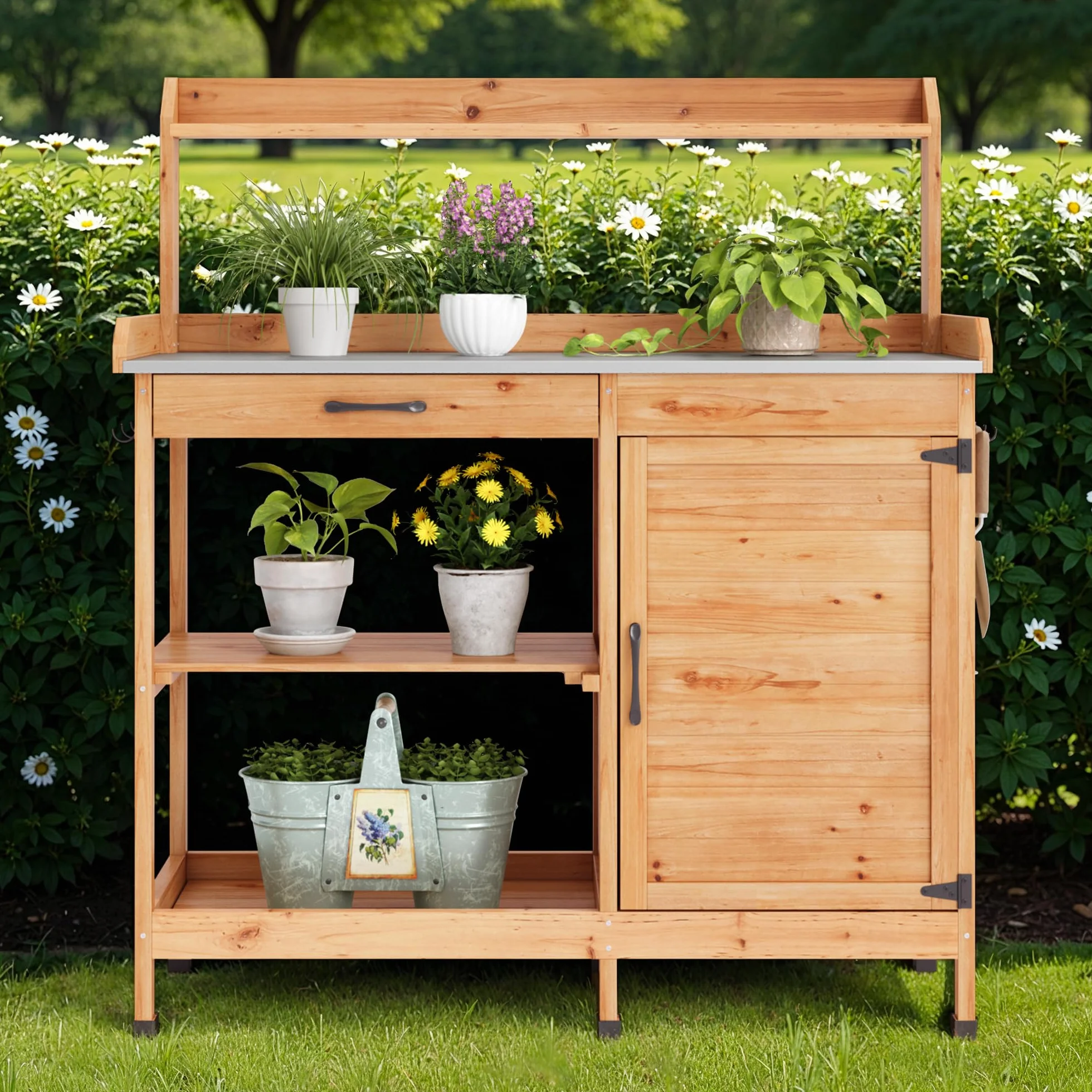 Tavolo da Giardinaggio,Tavolo per Piante,Tavolo Lavoro da Giardino in Legno Massello con Piano Lavoro, Ripiano Regolabile e Armadietto, Balcone, Terrazzo 112x46x125 cm Natural