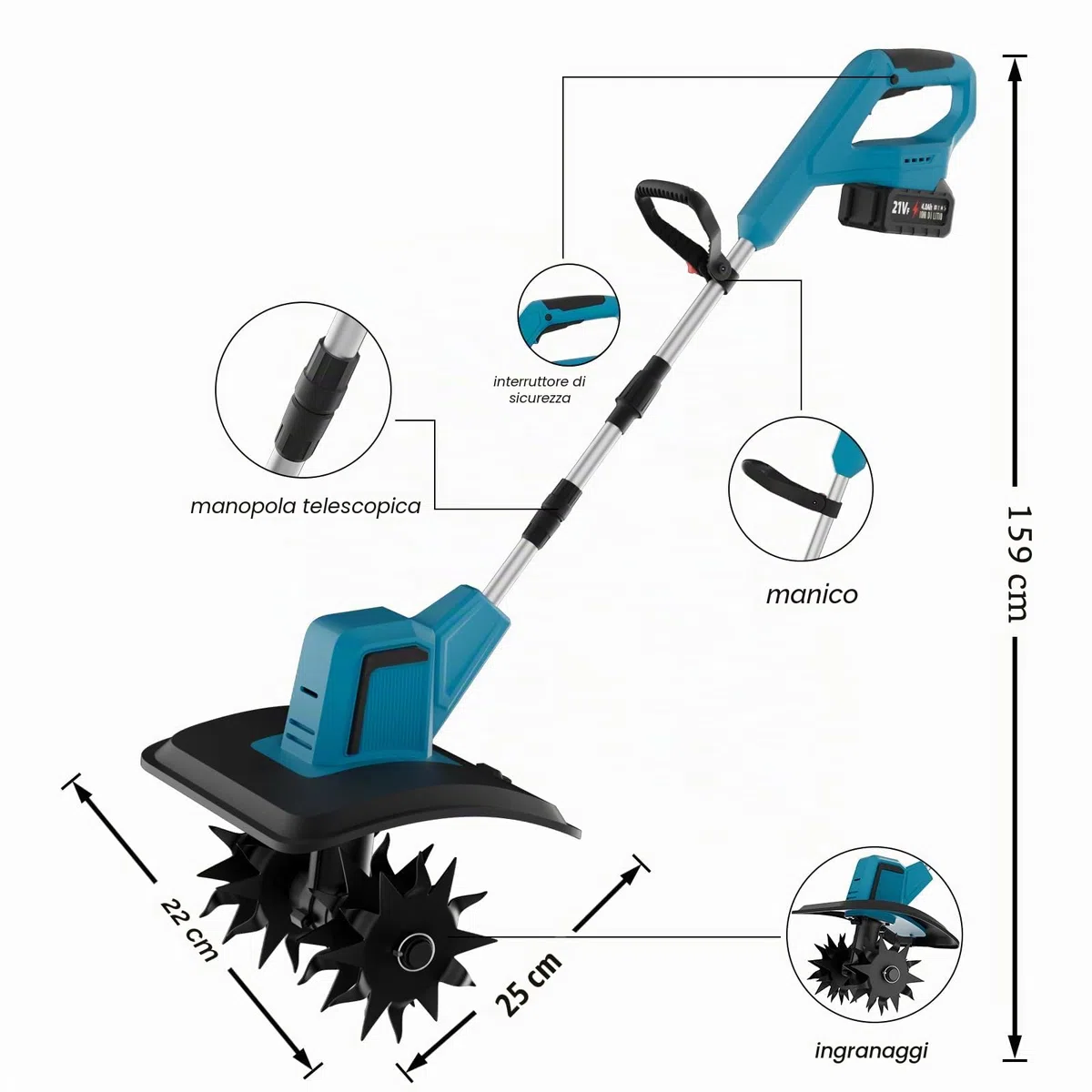 Motozappa a Batteria 550W, Motozappa Elettrica per Orto 20cm | Motore Brushless 550W, 2 Batterie 4.0Ah, Larghezza 20cm, 4 Lame In Acciaio, Manico Regolabile, Ideale Per Orto E Giardino