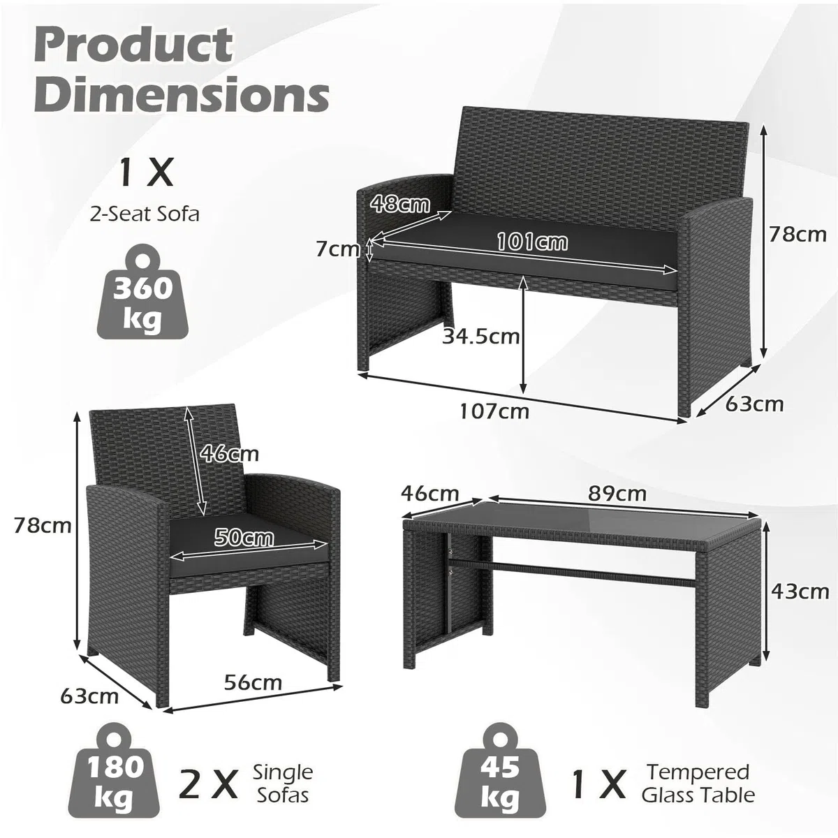 GIANTEX Set Salotto Esterno 4 Pezzi in Rattan PE, Divano 2 Posti + 2 Poltrone + Tavolo Basso con Piano in Vetro, Arredamento da Giardino per Terrazza e Patio, Nero