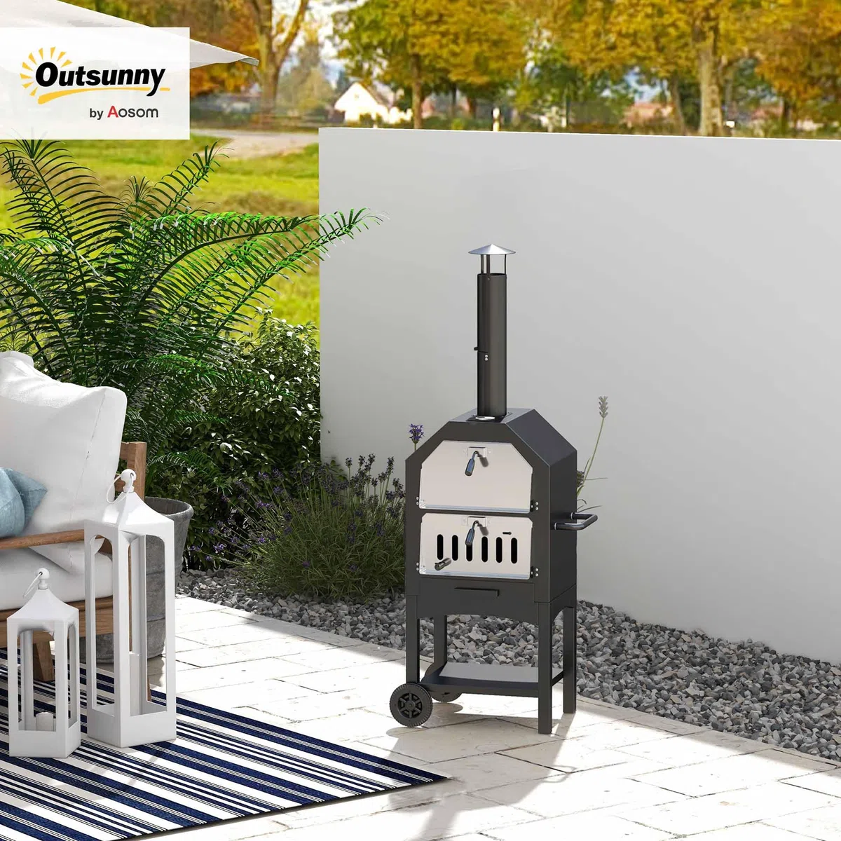 Outsunny Forno per Pizza Barbecue a Carbonella, BBQ da Esterni/Giardino in Acciaio Inox con Termometro, 64x54x160cm