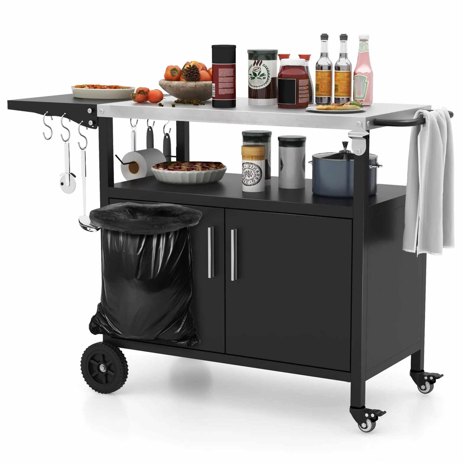 GIANTEX Carrello da Cucina Esterno con Piano in Acciaio Inox, Tavolo Laterale Pieghevole, Ruote e Supporto per Sacco della Spazzatura