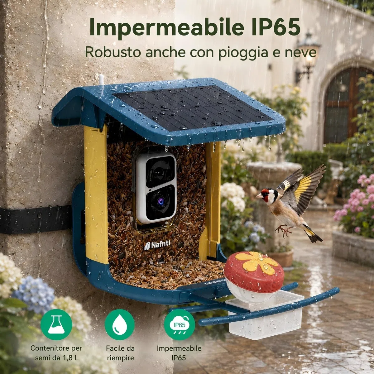 Mangiatoia intelligente per uccelli 2K con fotocamera, alimentazione solare, AI identifica oltre 10.000 uccelli, capacità 1,8 l, impermeabile IP65