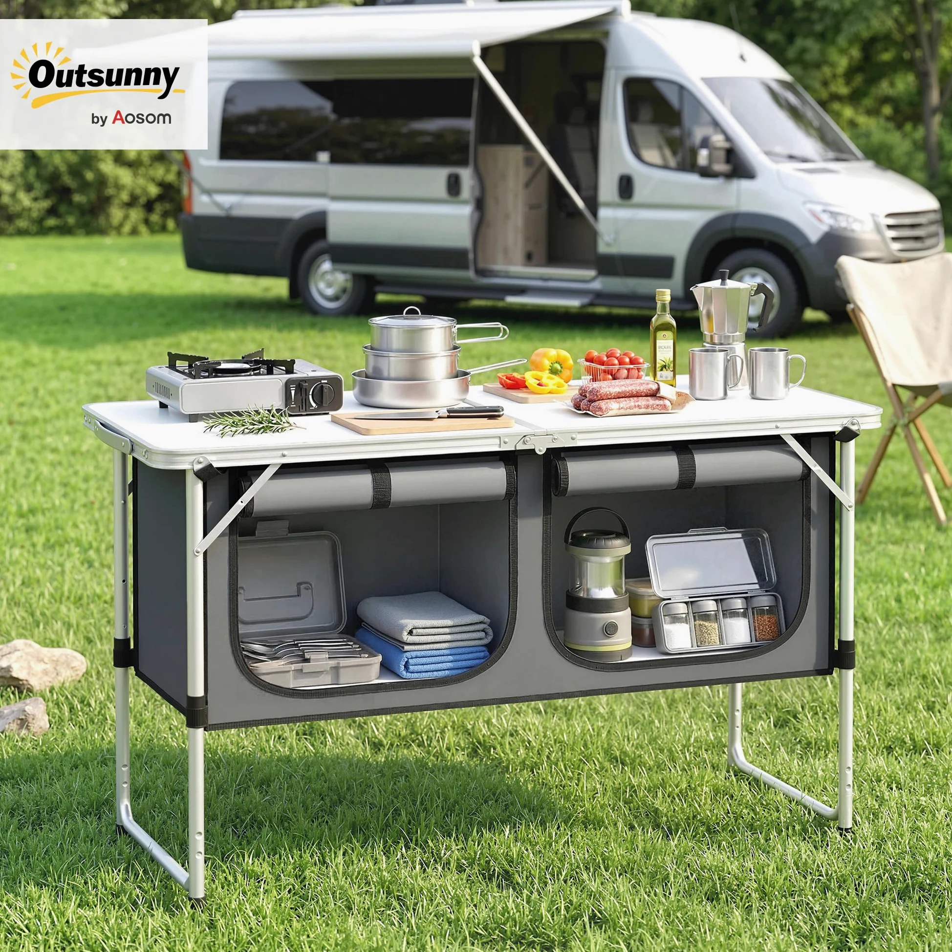 Outsunny Cucina da Campeggio Pieghevole, Mobile Cucina da Campeggio in Alluminio, MDF e Tessuto Oxford, per Picnic, BBQ e attività all'Aperto, 120x47x70 cm, Argento