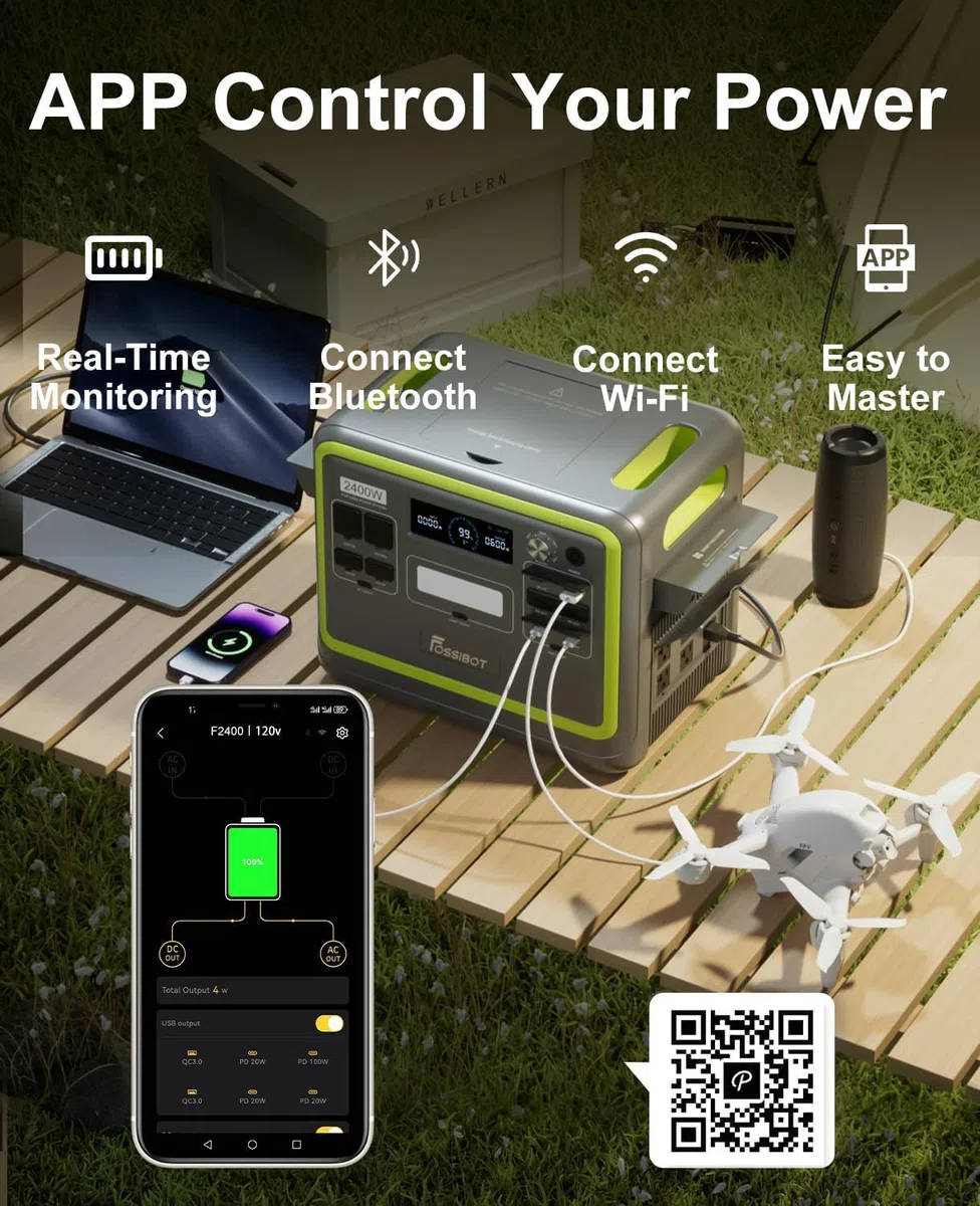 FOSSiBOT F2400 Centrale elettrica portatile con Pannello 200W Incluso, 2048Wh batteria LFP generatore solare, uscita fino a 2400W Power station, per backup domestico,campeggio