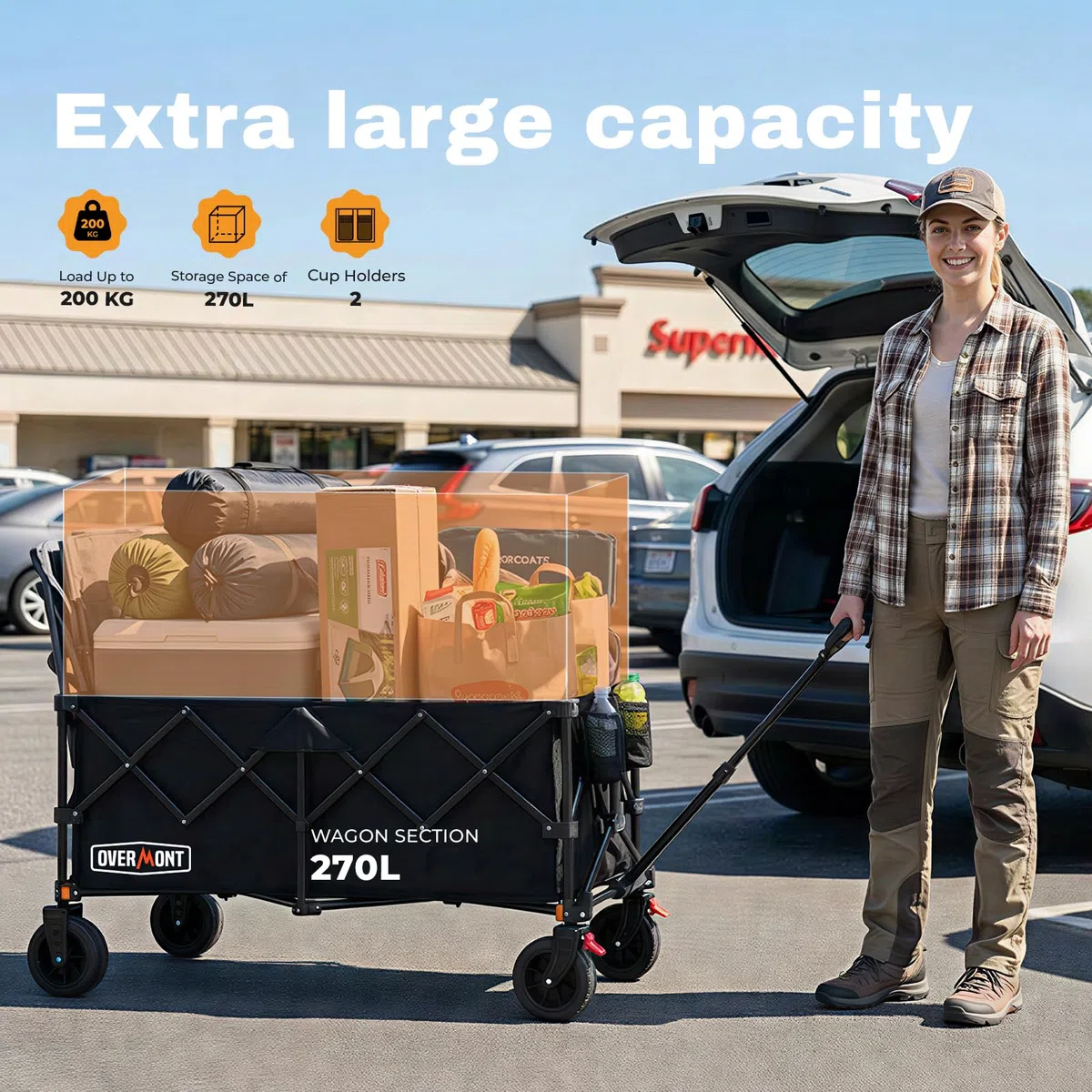 Overmont Carrello Pieghevole XXL 118 cm - 270 L Grande Capacità, Portata fino a 200 kg - Carrello Robusto con Ruote Tutto Terreno, Modello Allungato - per Spiaggia, Giardino e Shopping