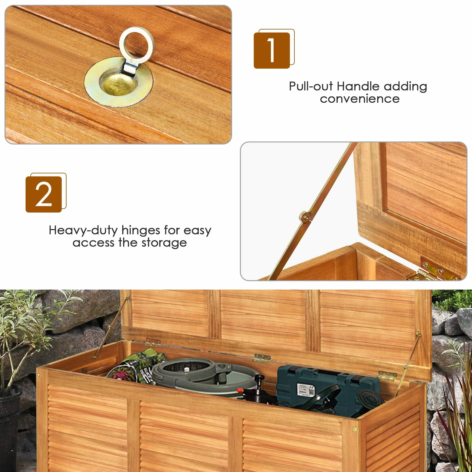 RELAX4LIFE Panca Baule in Legno di Acacia, Scatolone Rialzato a Doghe, Coperchio Ribaltabile con Maniglia ad Anello, Contenitore Portatutto da Interno Esterno, 120x45x45cm (Modello 1)