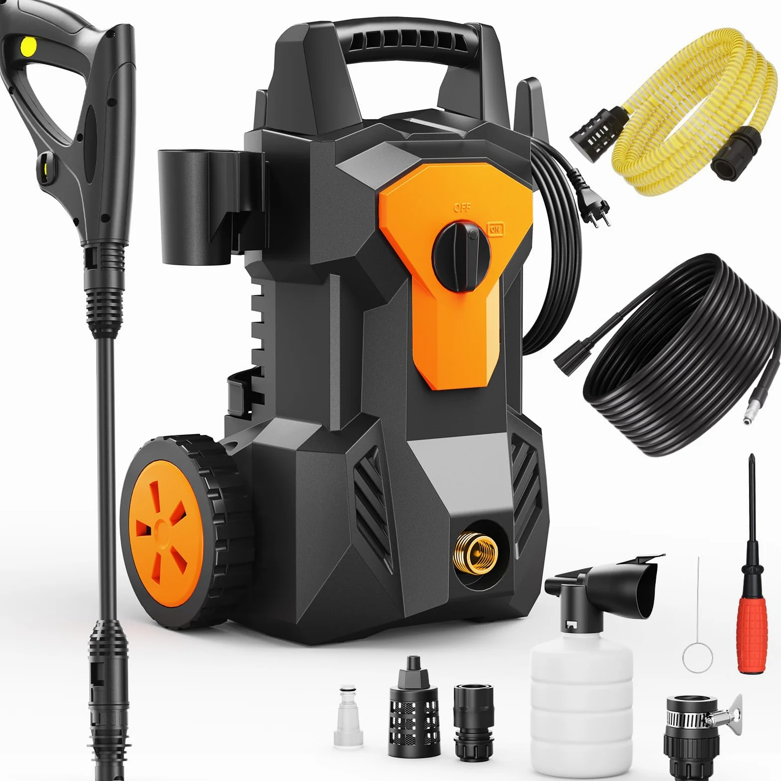 Idropulitrice Alta Pressione, 1600W, Pressione max.140 bar, 420 l/h, Tubo Flessibile da 8M Cavo da 2M, con Ugello Regolabile Pistola et Avvolgitubo integrato, per Casa, Giardino e Auto, Irrigazione