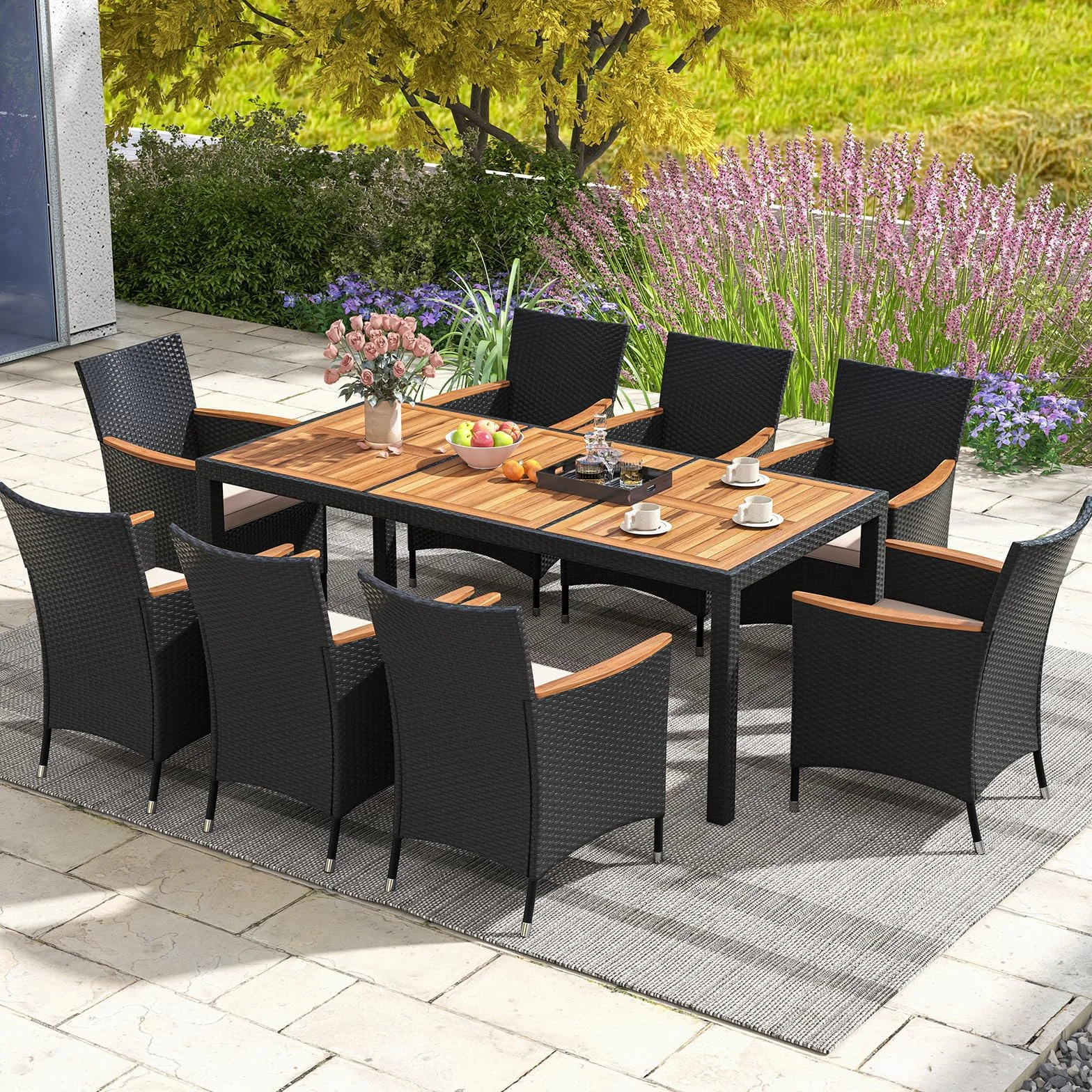 COSTWAY Set da Giardino 9 Pezzi in Rattan PE, Set Pranzo da Giardino con 1 Tavolo e 8 Sedie con Cuscini, Tavolo da Esterno con Piano in Legno di Acacia e Foro per Ombrellone, Naturale