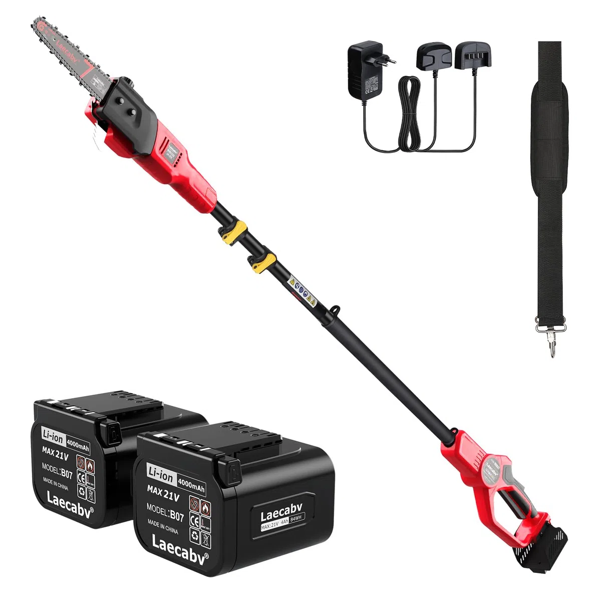 Laecabv Potatore Telescopico,sega ad asta telescopica,Sega Potatrice Elettrica,Batteria 21V 4Ah e Caricabatterie,Diametro di taglio 18cm,Velocità Catena 8m/s,Auto-Lubrificante,espandibile fino a 300cm