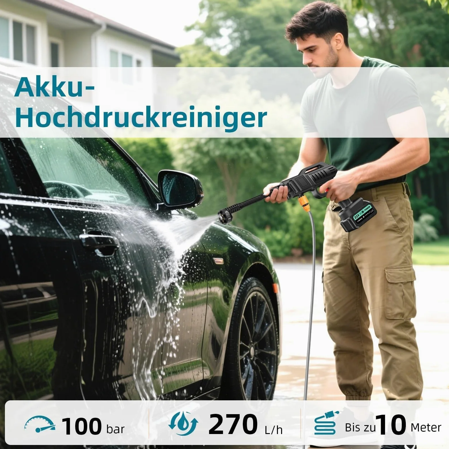 Rondella ad alta pressione a batteria 100 Bar 270 L/H | Idropulitrice Potente Pistola portatile con 2 batterie da 3000 mAh per auto terrazza 6 in 1 ugello regolabile 5m tubo