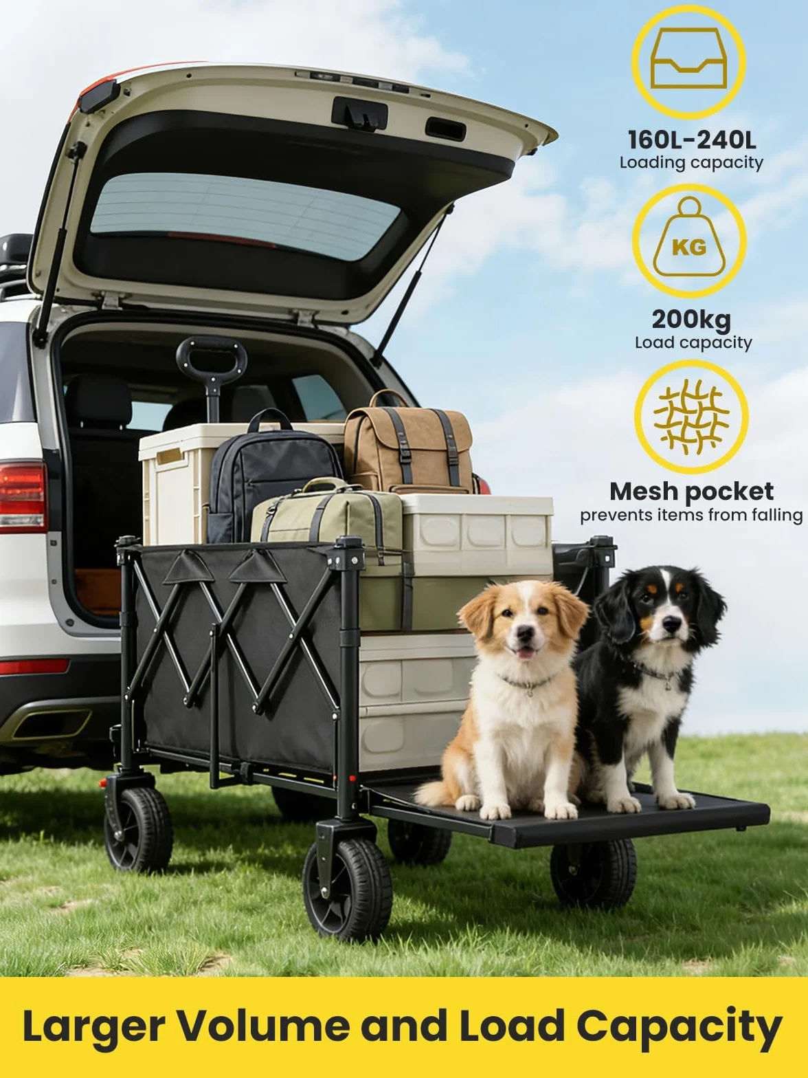 YEAUPE PRO Carrello Spiaggia, Carrello Pieghevole con Ruote – Doppi freni ant., ruote grandi, manico reg., post. aprib. oggetti lunghi – per campeggio/spiaggia, 160-240L, Nero Lucido