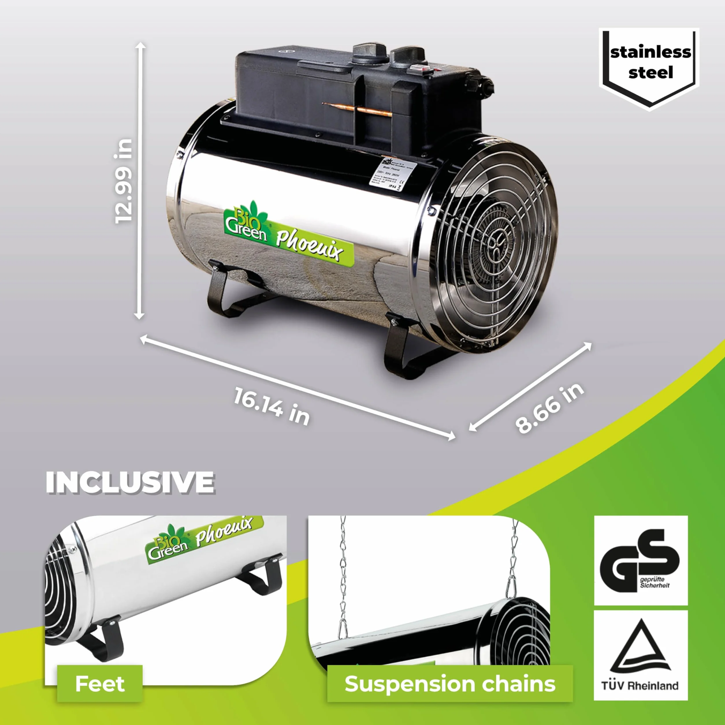 Bio Green riscaldatore Elettrico a Ventola Phoenix, Argento/Nero